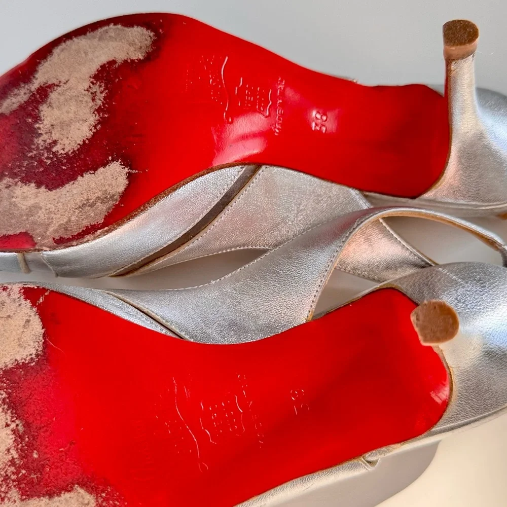 CHRISTIAN LOUBOUTIN 3” Silver Leather Slingback Sandals High Heels Women’s Shoes